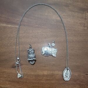 Brighton Silver Long Necklace with Three Pendants Owls and Elephant